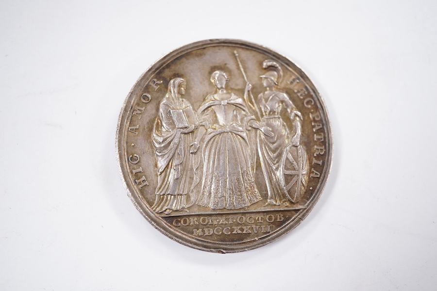 British Royal commemorative medals, Queen Caroline coronation 1727, a silver medal by J. Croker, bust left, rev. queen standing between Religion and Britannia, 34mm, (MI II, 480/8; E 512), toned, good VF